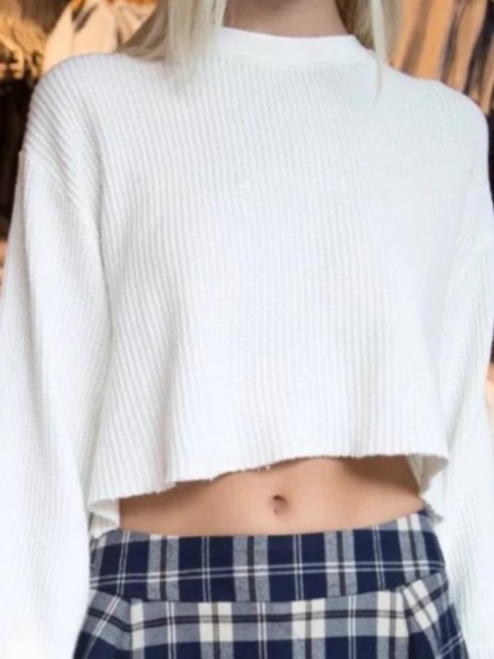 Brandy Melville White Cropped Ribbed Crewneck Sweater